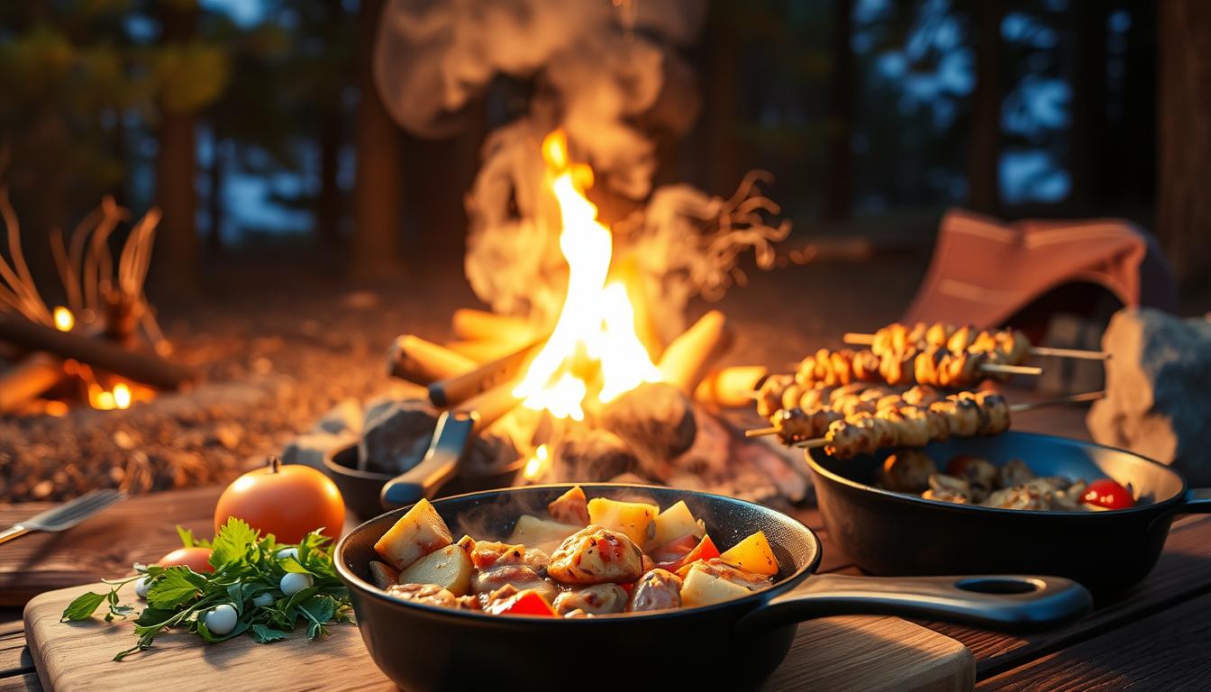 A crackling campfire casts a warm glow over a rustic outdoor scene. In the foreground, a cast iron pan sizzles with a savorysimmer, steam rising into the night air. Nearby, a cutting board displays fresh vegetables and herbs, their colors vibrant against the wooden surface. In the middle ground, a small cooking rack holds sizzling skewers, the smell of grilled proteins mingling with the smoky aroma of the fire. In the background, a canopy of pine trees sways gently, the starry sky peeking through the branches. The overall mood is one of outdoor adventure and nourishing, low-carb sustenance.