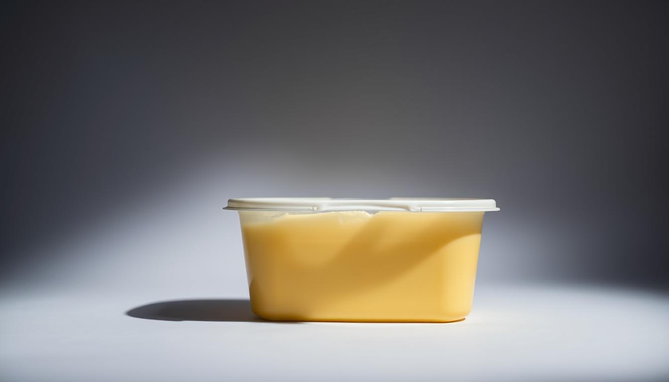 A crisp close-up shot of an open butter tub, its golden contents partially obscured by a dark, ominous shadow casting an unsettling atmosphere. Silhouetted against a stark white background, the tub's edges seem to glisten with an almost sinister sheen, hinting at the potential health risks of excessive butter consumption. The lighting is dramatic, creating a sense of tension and unease, as if to warn the viewer of the consequences of indulging in this vibrant, yet potentially hazardous, dairy product.