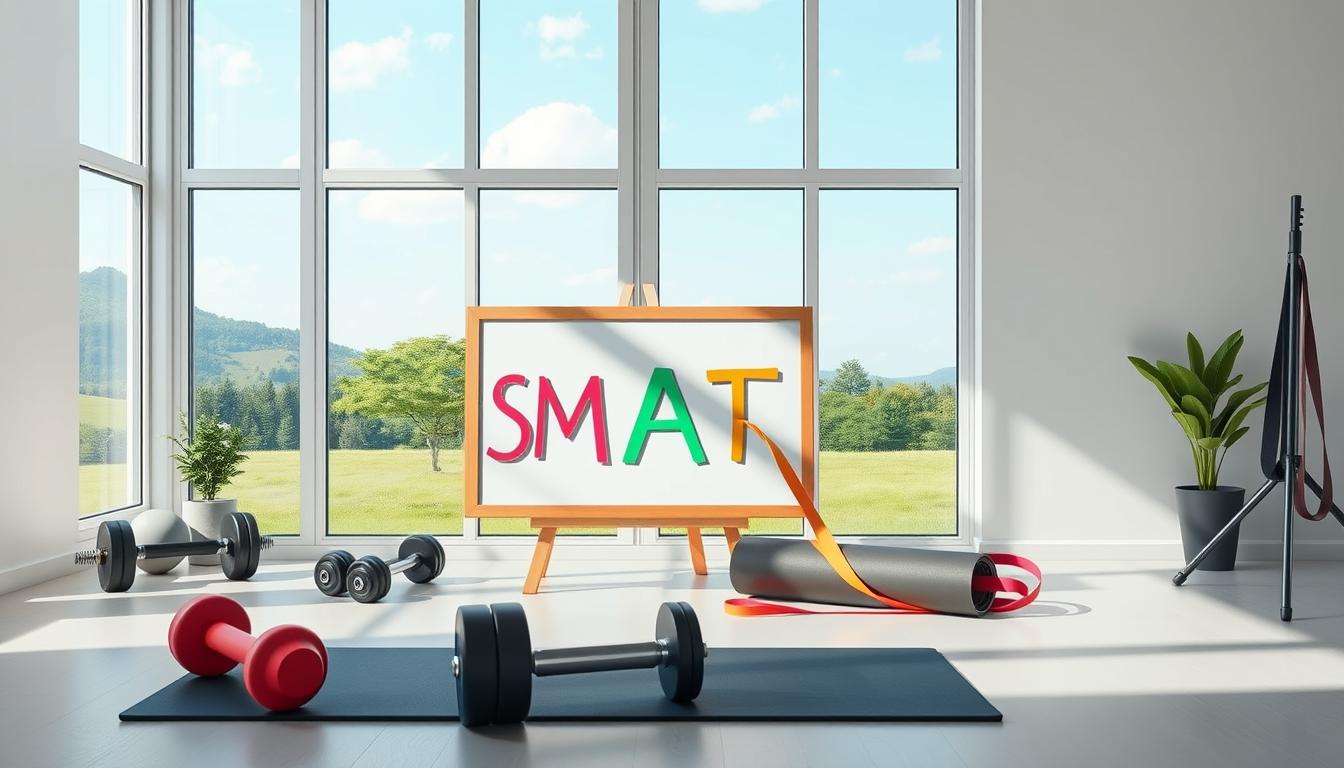 A crisp, well-lit home gym setting, with a sleek, minimalist design. In the foreground, a whiteboard displays the letters "SMART" in bold, vivid colors, representing specific, measurable, achievable, relevant, and time-bound fitness goals. Surrounding the whiteboard are various fitness equipment, such as dumbbells, a yoga mat, and a resistance band, neatly arranged to create a visually pleasing composition. The middle ground features a large window, allowing natural light to flood the space and create a sense of openness and vitality. The background showcases a serene, natural landscape, with lush greenery and a calming blue sky, evoking a sense of balance and harmony. The overall mood is vibrant, energetic, and inspiring, reflecting the importance of setting SMART goals for a sustainable at-home workout routine.