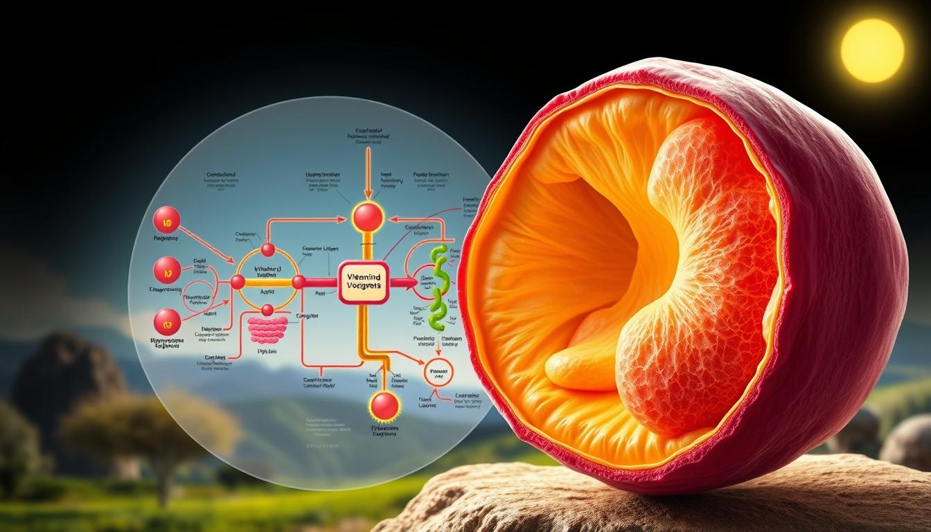 A cross-sectional illustration depicting the biological mechanisms of vitamin D's influence on fat storage. In the foreground, a highly detailed, anatomically accurate human adipocyte (fat cell) with its intricate internal structure visible, highlighting the role of vitamin D receptors in regulating lipogenesis and lipolysis. The middle ground features a molecular visualization of the vitamin D endocrine system, with metabolic pathways and signaling cascades rendered in a vibrant, color-coded manner. The background showcases a stylized, sunlit landscape, symbolizing the critical role of sunlight exposure in vitamin D synthesis, creating an overall atmosphere of scientific discovery and biological harmony.