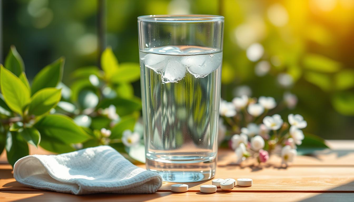 A crystal-clear glass filled to the brim with refreshing, cool water sits on a wooden table, surrounded by soothing green leaves and delicate flowers. Soft, natural lighting casts a warm, comforting glow, creating a serene, vibrant atmosphere. The water's surface reflects the gentle shadows, inviting the viewer to take a sip and experience the restorative power of hydration. In the foreground, a small white towel and a few aspirin tablets suggest the image's purpose - to provide relief from the debilitating effects of a migraine. A crystal-clear glass filled to the brim with refreshing, cool water sits on a wooden table, surrounded by soothing green leaves and delicate flowers. Soft, natural lighting casts a warm, comforting glow, creating a serene, vibrant atmosphere. The water's surface reflects the gentle shadows, inviting the viewer to take a sip and experience the restorative power of hydration. In the foreground, a small white towel and a few aspirin tablets suggest the image's purpose - to provide relief from the debilitating effects of a migraine.