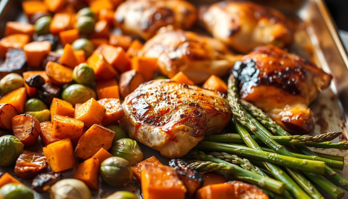 A delectable array of easy sheet pan recipes, captured in a vibrant, appetizing scene. In the foreground, an assortment of roasted vegetables - tender Brussels sprouts, caramelized sweet potatoes, and crisp asparagus - sizzle on a baking sheet, their colors shimmering under warm, golden lighting. The middle ground features juicy, seasoned chicken thighs, their skin glistening with a savory glaze. In the background, a soft, diffused haze creates a cozy, inviting atmosphere, hinting at the effortless simplicity and satisfying flavors of these breakfast-for-dinner solutions.