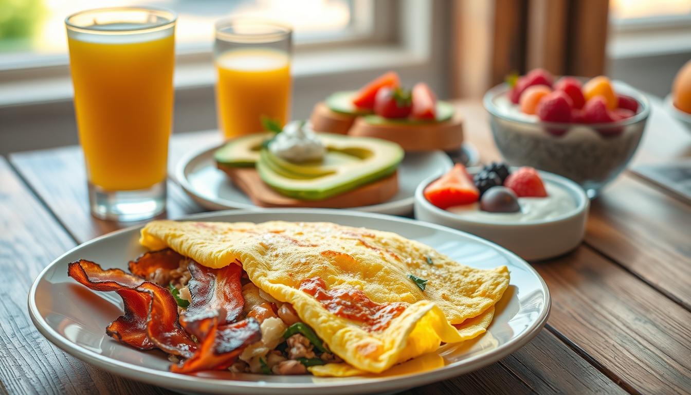 A delectable array of low-carb breakfast options artfully arranged on a rustic wooden table, bathed in warm, natural light. In the foreground, a plate showcases a fluffy omelet filled with savory ingredients, accompanied by a side of crisp, sizzling bacon. Beside it, a glass of freshly squeezed orange juice reflects the vibrant swirling colors of the scene. In the middle ground, a platter of creamy avocado toast adorned with a sprinkle of sea salt and fresh herbs, and a bowl of nutrient-dense chia pudding topped with juicy berries. The background is softly blurred, allowing the focus to remain on the tempting, guilt-free breakfast selections.
