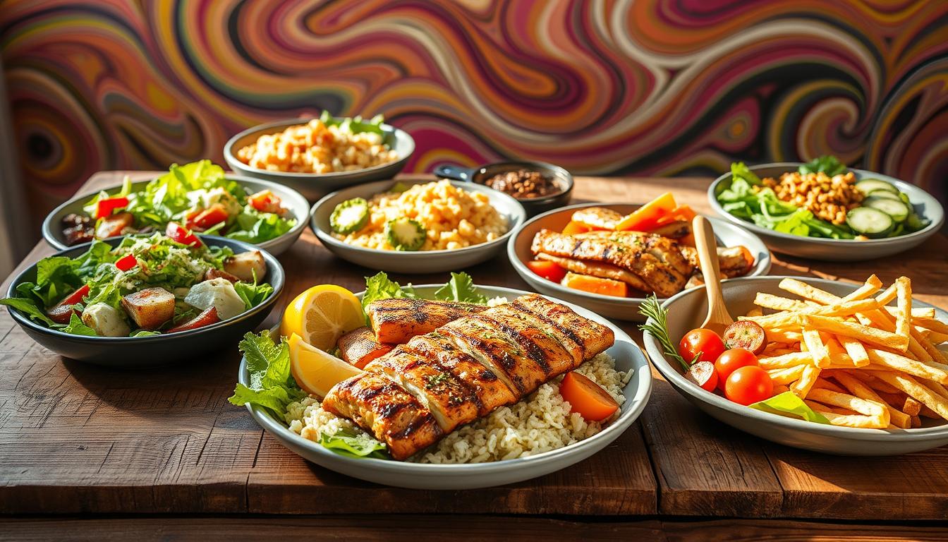 A delectable array of low-carb meal ideas artfully arranged on a rustic wooden table, bathed in warm, natural light. Crisp salads, grilled lean proteins, and colorful vegetable dishes are complemented by a vibrant swirling background, hinting at the versatility and flavor of these budget-friendly, nutritious options. The scene captures the essence of transforming everyday leftovers into satisfying, low-carb meals that nourish both body and soul.