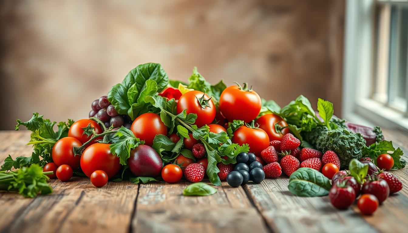 A delightful array of fresh produce spills forth on a rustic wooden table, creating a vibrant contrast against the muted, earthy tones of the background. Crisp greens, ruby-red tomatoes, and succulent berries beckon, set against a backdrop of soft, diffused lighting that casts a warm, inviting glow. The composition is both visually stunning and nutritionally balanced, reflecting the restorative power of healthy eating after a period of indulgence. A sense of tranquility and renewal permeates the scene, inspiring a renewed commitment to wellness and balance.