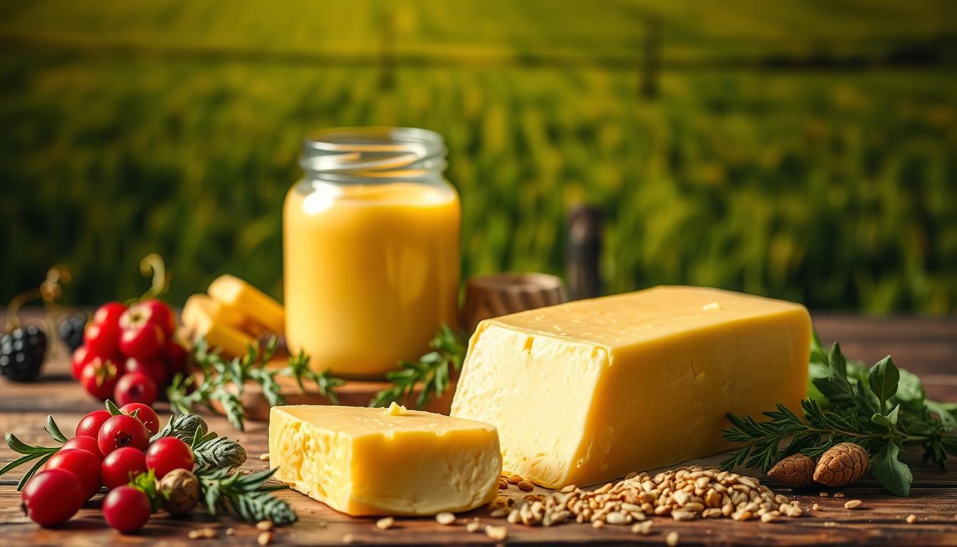 A delightful still life showcasing the health benefits of traditional butter. In the foreground, a golden slab of freshly churned butter glistens under warm, natural lighting, its rich texture and color inviting closer inspection. Surrounding it, an arrangement of fresh herbs, berries, and a sprinkling of whole grains highlight the nutritional richness of this time-honored dairy product. In the middle ground, a vintage glass jar filled with creamy, vibrant yellow butter sits atop a wooden table, casting soft shadows that add depth and a sense of timelessness to the scene. The background features a vibrant, earthy backdrop, perhaps a rustic farmhouse wall or a lush, green field, emphasizing the connection between this butter and the land from which it was sourced. The overall mood is one of warmth, wholesomeness, and a celebration of the health benefits inherent in this traditional food.