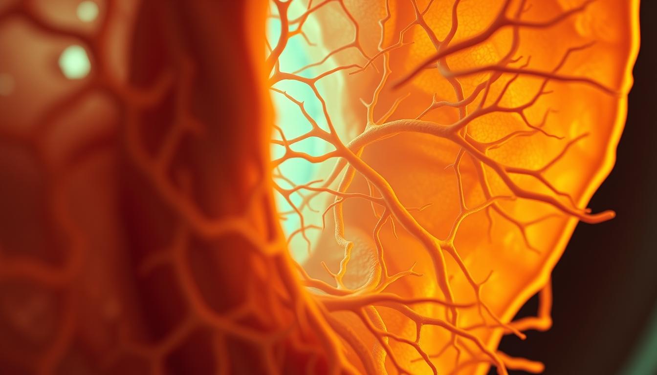 A detailed anatomical cross-section of intertwined fascial adhesions, with intricate weblike structures and dense connective tissue. Seen under a high-magnification medical lens, the image showcases the complex network of collagen fibers, myofascial bands, and restricted movement patterns. Illuminated by a warm, vibrant lighting that casts subtle shadows, highlighting the textural qualities and the dynamic nature of the fascia. Captured with a shallow depth of field to emphasize the focal point, creating a sense of depth and visual interest. The overall mood is one of scientific curiosity and a deeper understanding of the role of fascia in the body's mobility and pain relief mechanisms. A detailed anatomical cross-section of intertwined fascial adhesions, with intricate weblike structures and dense connective tissue. Seen under a high-magnification medical lens, the image showcases the complex network of collagen fibers, myofascial bands, and restricted movement patterns. Illuminated by a warm, vibrant lighting that casts subtle shadows, highlighting the textural qualities and the dynamic nature of the fascia. Captured with a shallow depth of field to emphasize the focal point, creating a sense of depth and visual interest. The overall mood is one of scientific curiosity and a deeper understanding of the role of fascia in the body's mobility and pain relief mechanisms.