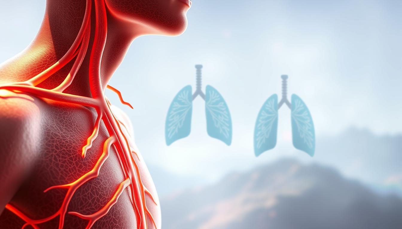 A detailed anatomical diagram of the vagus nerve, rendered in vivid detail with a soft, warm color palette. The nerve is depicted in the foreground, winding its way through the chest and neck region, with a vibrant, naturalistic texture. In the middle ground, a series of stylized lungs and diaphragm are shown, illustrating the intimate connection between the vagus nerve and the respiratory system. The background features a hazy, ethereal landscape, highlighting the meditative, introspective nature of breathwork practices. The lighting is soft and diffused, creating a sense of depth and atmosphere, while the camera angle is slightly elevated, providing a comprehensive view of the subject matter. The overall mood is one of contemplation and the exploration of the mind-body connection.