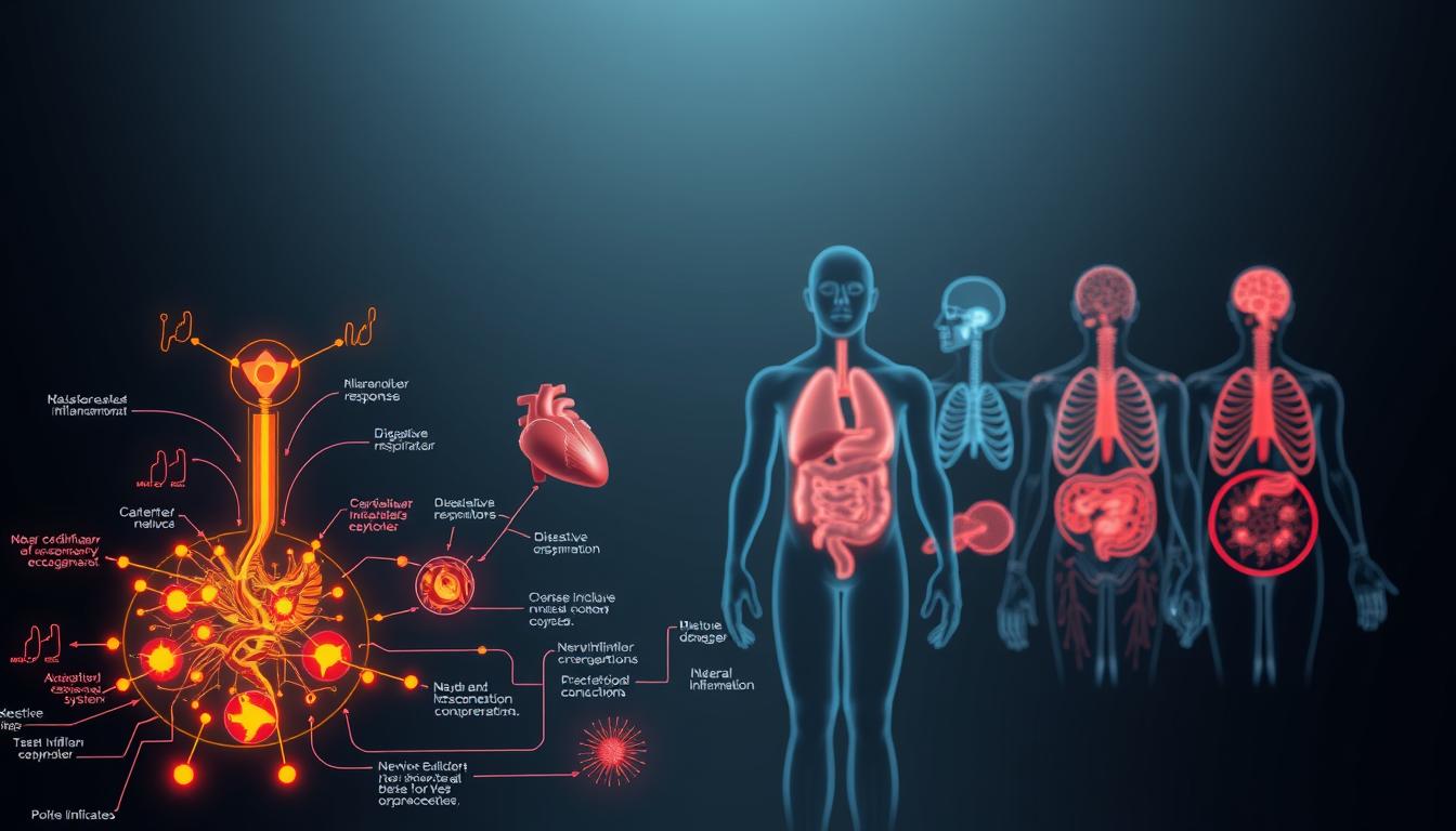 A detailed anatomical illustration depicting the interconnected pathways of chronic inflammation and its links to various diseases. The foreground showcases a vibrant, highly detailed schematic of the inflammatory response, with highlighted nodes representing the cascade of signaling molecules, cellular mediators, and biological processes. The middle ground features a series of organ systems - the cardiovascular, digestive, respiratory, and nervous systems - each with visual indicators of the chronic inflammatory conditions that can manifest, such as plaque buildup, tissue damage, and neural inflammation. The background sets a somber, pensive mood with a muted color palette, hinting at the gravity of the subject matter. Rendered with a photorealistic, scientific illustration style and precise, technical lighting to emphasize the complex, multifaceted nature of chronic inflammation and its wide-ranging disease connections.