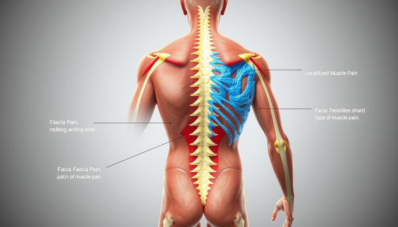 A detailed anatomical illustration depicting the subtle differences between fascia pain and muscle pain. The foreground showcases a cross-section of the human body, revealing the intricate web of connective tissue (fascia) and the underlying musculature. The fascia is highlighted in a vibrant blue hue, while the muscles are rendered in a warm, earthy tone. The middle ground features labeled callouts that explain the distinctive characteristics of each type of pain, such as the radiating, aching nature of fascia pain versus the localized, sharp sensation of muscle pain. The background is a clean, minimalist space, allowing the anatomical details to take center stage and provide a clear educational visual. Crisp lighting from multiple angles accentuates the textural qualities of the tissues, creating a sense of depth and dimension. A detailed anatomical illustration depicting the subtle differences between fascia pain and muscle pain. The foreground showcases a cross-section of the human body, revealing the intricate web of connective tissue (fascia) and the underlying musculature. The fascia is highlighted in a vibrant blue hue, while the muscles are rendered in a warm, earthy tone. The middle ground features labeled callouts that explain the distinctive characteristics of each type of pain, such as the radiating, aching nature of fascia pain versus the localized, sharp sensation of muscle pain. The background is a clean, minimalist space, allowing the anatomical details to take center stage and provide a clear educational visual. Crisp lighting from multiple angles accentuates the textural qualities of the tissues, creating a sense of depth and dimension.