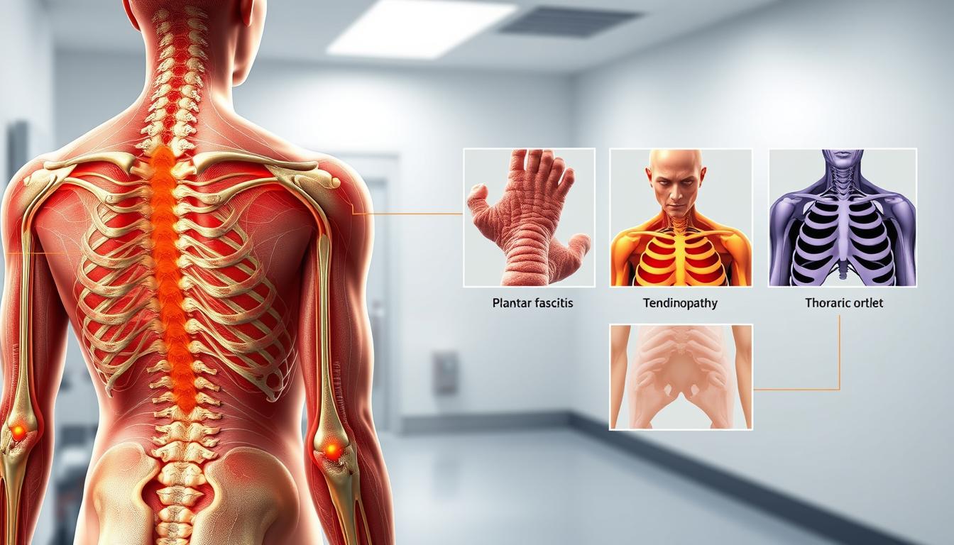 A detailed anatomical illustration of common fascia-related disorders and conditions. In the foreground, a cross-section of the human body reveals the intricate network of fascia, highlighting areas affected by myofascial pain, adhesions, and restrictions. The middle ground showcases vibrant, textured depictions of specific conditions like plantar fasciitis, rotator cuff tendinopathy, and thoracic outlet syndrome. The background features a clinical, yet softly lit environment, emphasizing the medical nature of the subject. The overall image conveys a sense of depth, clarity, and technical precision, serving as an educational visual aid for the article's section on fascia-related disorders. A detailed anatomical illustration of common fascia-related disorders and conditions. In the foreground, a cross-section of the human body reveals the intricate network of fascia, highlighting areas affected by myofascial pain, adhesions, and restrictions. The middle ground showcases vibrant, textured depictions of specific conditions like plantar fasciitis, rotator cuff tendinopathy, and thoracic outlet syndrome. The background features a clinical, yet softly lit environment, emphasizing the medical nature of the subject. The overall image conveys a sense of depth, clarity, and technical precision, serving as an educational visual aid for the article's section on fascia-related disorders.