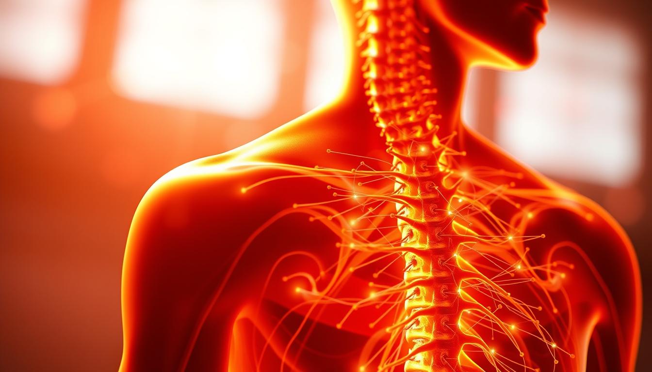 A detailed anatomical illustration of the central nervous system, with acupuncture points precisely mapped along the spinal cord and major nerve pathways. The scene is bathed in a warm, vibrant glow, casting a serene, contemplative mood. Rendered with scientific accuracy, the image showcases the intricate connections between the ancient Eastern practice of acupuncture and the modern understanding of human physiology. Crisp, high-resolution details reveal the subtle interplay of energy meridians and neural networks, inviting the viewer to explore the remarkable synergy of traditional wisdom and contemporary science.