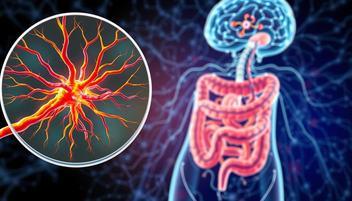 A detailed, anatomical illustration of the gut-brain axis, showcasing the intricate communication between the digestive system and the central nervous system. In the foreground, a magnified view of the enteric nervous system, with neural pathways and neurotransmitters depicted in vibrant hues. In the middle ground, the gastrointestinal tract is prominently featured, highlighting the diverse microbiome and its influence on gut-brain signaling. The background incorporates the brain, with neural connections and information flow visualized in a clean, technical style. The overall composition emphasizes the complex, bidirectional relationship between the gut and the brain, captured through a harmonious blend of realism and abstract elements.
