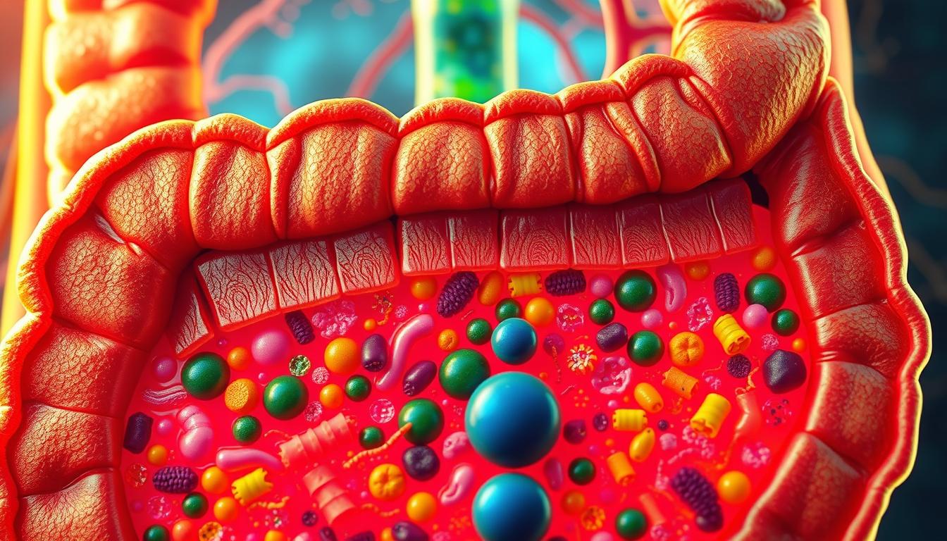 A detailed cross-section of a healthy gut, showcasing the symbiotic relationship between the gut microbiome and the host. In the vibrant foreground, a diverse array of gut bacteria, fungi, and other microorganisms thrive, their intricate structures and vibrant colors highlighted by warm, directional lighting. The middle ground features the intestinal lining, with its delicate villi and tight junctions, allowing for efficient nutrient absorption and immune system regulation. In the background, a network of blood vessels and nerve endings illustrates the complex interplay between the gut, the circulatory system, and the nervous system, all working in harmony to maintain overall health and well-being.