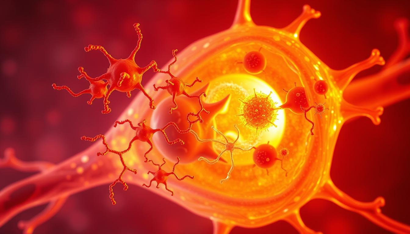 A detailed cross-section of a human cell, illuminated by warm, vibrant lighting. In the foreground, intricate heat shock proteins dance and intertwine, their dynamic movements symbolizing their critical role in cellular repair and protection. The midground showcases the cell's intricate organelles, each playing a vital part in maintaining homeostasis. The background depicts a serene, glowing atmosphere, suggesting the restorative power of heat-based therapies like sauna therapy.