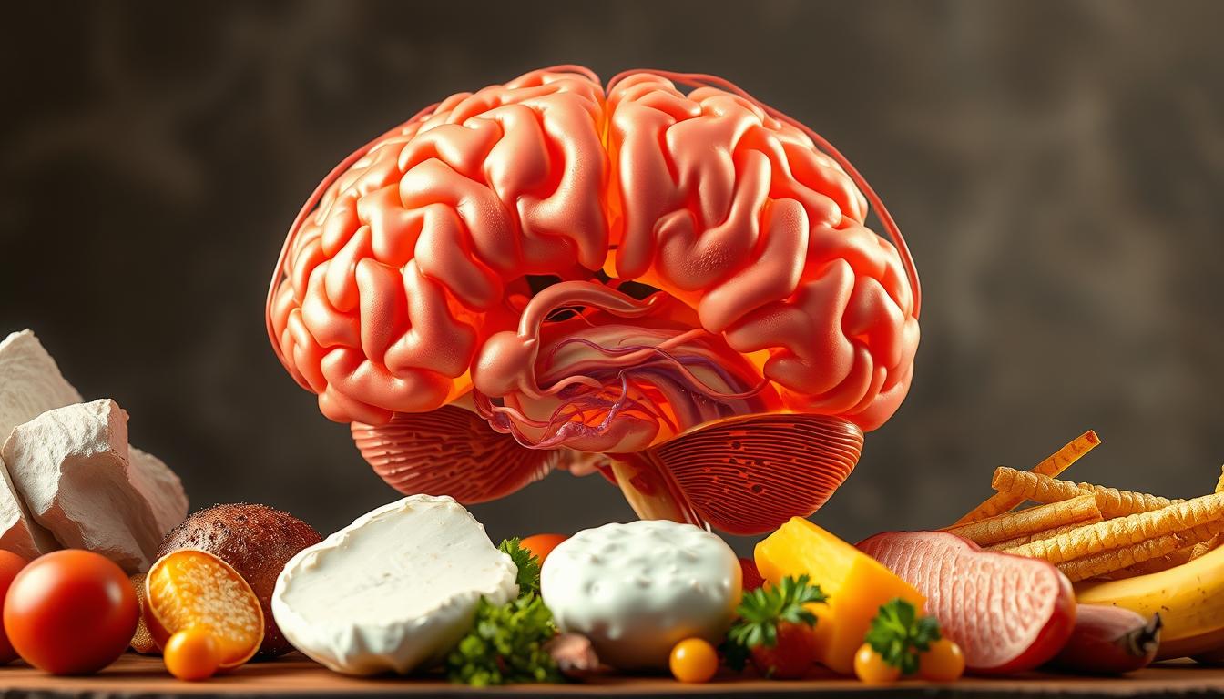 A detailed cross-section of the human brain, with the limbic system and hypothalamus prominently featured. The brain appears semi-transparent, allowing a view of its intricate neural networks and connections. In the foreground, an array of appetizing food items are carefully arranged, creating a visual tension between the brain's hunger control mechanisms and the temptation of the culinary delights. Vibrant, high-resolution rendering with a soft, warm lighting that accentuates the organic textures and colors of the brain and the food. The overall composition conveys the complex interplay between the mind and its influence on our dietary choices.