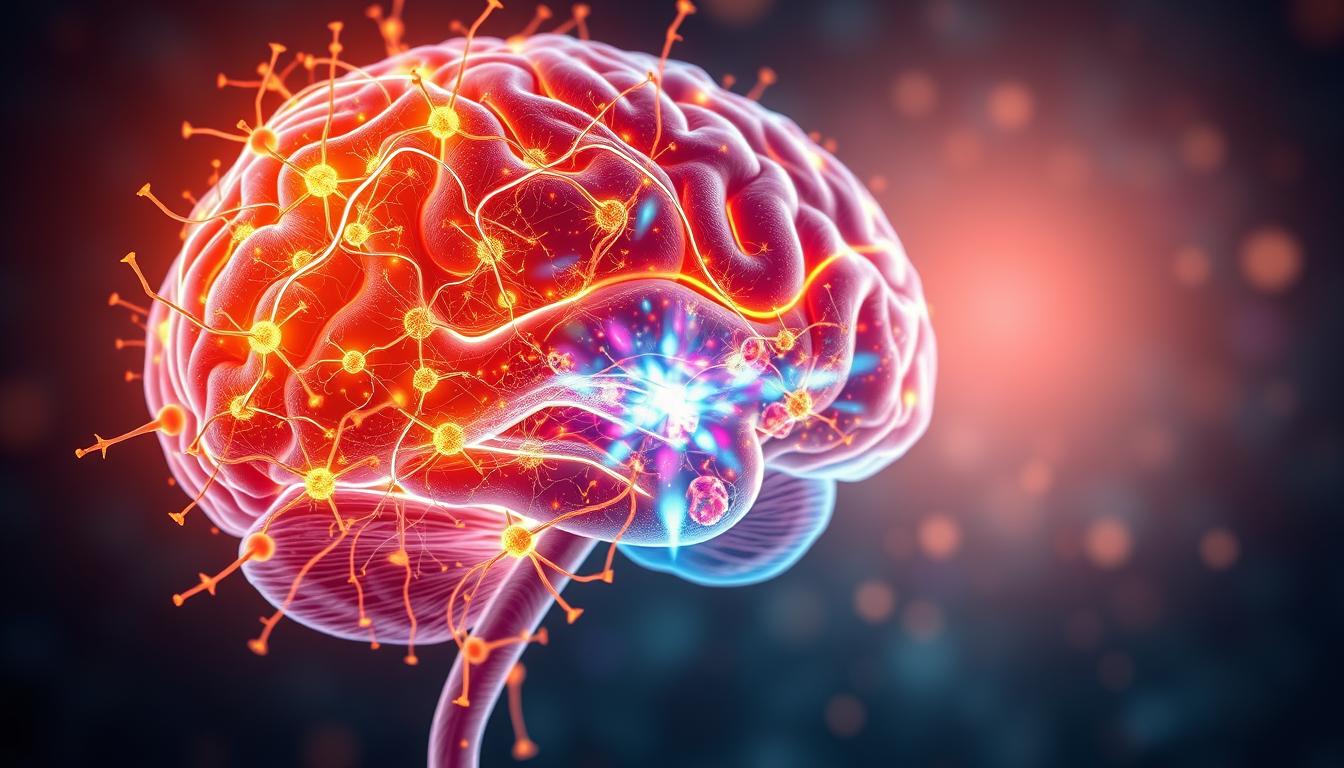 A detailed cross-section of the human brain, with vibrant neural pathways illuminating the intricate connections between gratitude, neurotransmitters, and overall well-being. In the foreground, a glowing network of neurons pulsing with warm, positive energy. In the middle ground, a kaleidoscope of colors representing the chemical reactions and hormonal responses triggered by feelings of thankfulness. The background depicts a serene, contemplative setting, with soft lighting and a sense of tranquility, symbolizing the restorative power of gratitude practices. Rendered with a scientific yet artistic flair, capturing the harmony between the mind's physiology and the profound emotional and psychological benefits of cultivating gratitude.