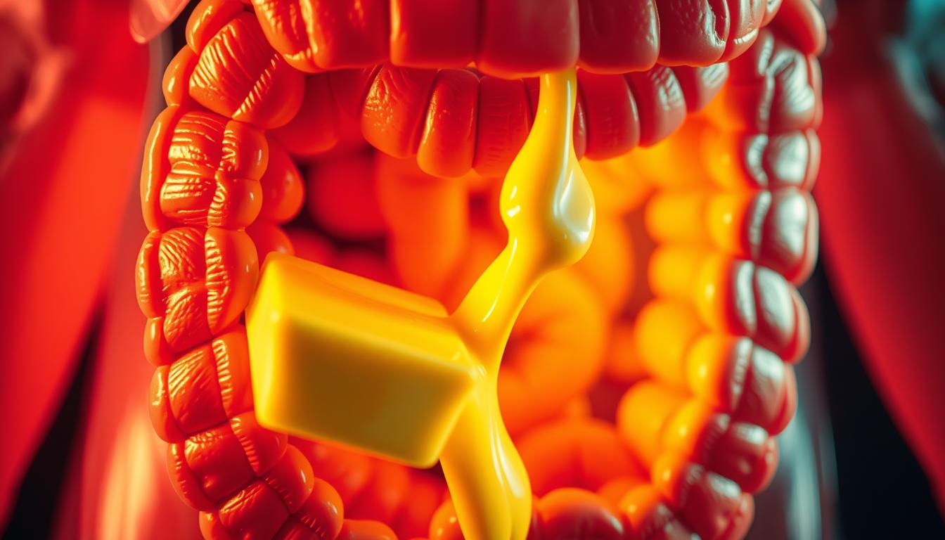 A detailed cross-section of the human digestive system, showcasing the process of nutrient absorption within the small intestine. In the foreground, a golden, stick of butter slowly dissolves, its rich, creamy texture flowing into the villi-lined intestinal walls. Surrounding the intestines, a vibrant, warm-toned environment illuminates the scene, highlighting the efficient transport of essential nutrients from the butter into the bloodstream. The lighting is soft and diffused, creating a serene, educational atmosphere. The angle provides an intimate, close-up view, allowing the viewer to appreciate the intricate mechanisms of nutrient absorption enhanced by the presence of butter.