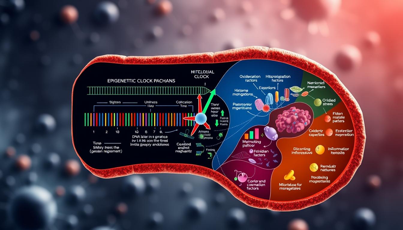 A detailed, cross-sectional diagram of the epigenetic clock mechanism, rendered in a vibrant, scientific style. The foreground depicts the core machinery, including DNA methylation patterns, histone modifications, and transcription factors that regulate gene expression over time. The middle ground showcases the various biological pathways and signaling cascades that influence the epigenetic clock, such as oxidative stress, inflammation, and metabolic factors. The background features a subtle, textured backdrop suggestive of a molecular or cellular environment, with soft lighting and depth of field to create a sense of depth and technical sophistication. A detailed, cross-sectional diagram of the epigenetic clock mechanism, rendered in a vibrant, scientific style. The foreground depicts the core machinery, including DNA methylation patterns, histone modifications, and transcription factors that regulate gene expression over time. The middle ground showcases the various biological pathways and signaling cascades that influence the epigenetic clock, such as oxidative stress, inflammation, and metabolic factors. The background features a subtle, textured backdrop suggestive of a molecular or cellular environment, with soft lighting and depth of field to create a sense of depth and technical sophistication.