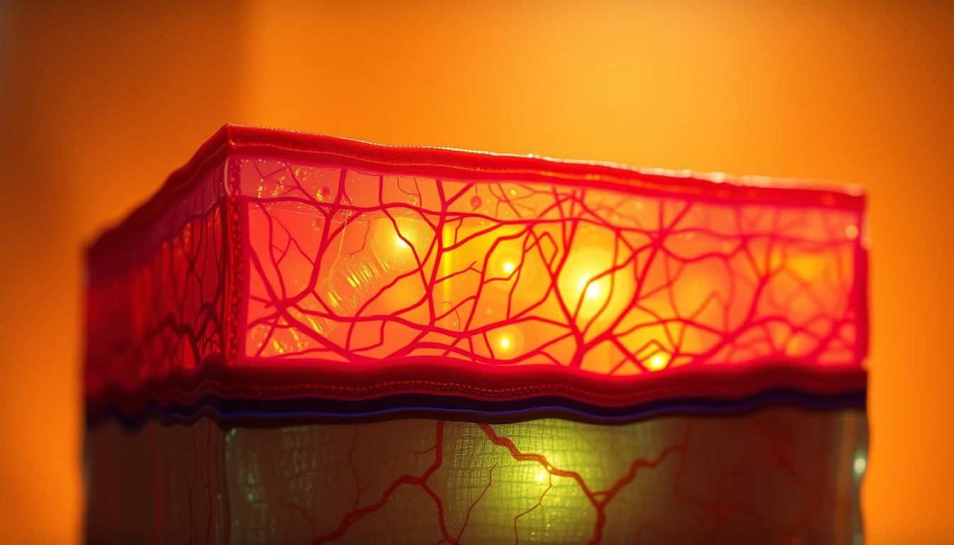 A detailed cross-sectional view of the skin's inner workings, showcasing the science behind glowing, radiant skin. In the foreground, a vibrant, translucent epidermis layer, with intricate cellular structures and a luminous, almost ethereal quality. In the middle ground, the dermis layer, rich with capillaries and collagen fibers, pulsing with life-giving nutrients. In the background, a warm, diffused lighting source, casting a soft, natural glow across the scene, highlighting the skin's inherent luminosity. The overall mood is one of scientific curiosity and an appreciation for the remarkable beauty of the human body.