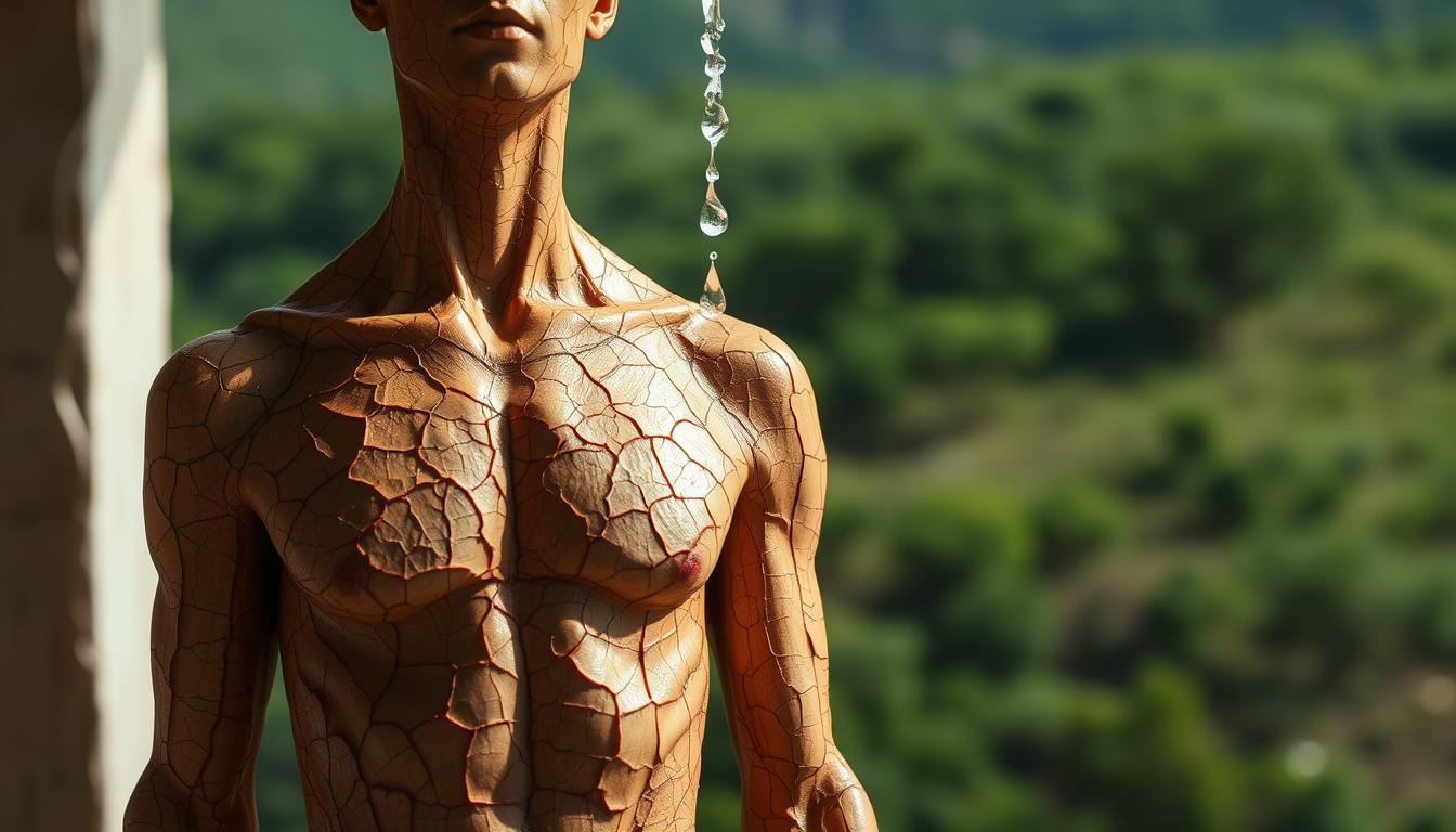A detailed, dehydrated human figure stands in the foreground, their skin cracked and parched. In the middle ground, a cascade of water droplets descends, hinting at the restorative power of hydration. The background features a lush, verdant landscape, symbolizing the vibrant vitality that proper hydration can restore. Soft, natural lighting bathes the scene, creating a sense of serenity and introspection. The overall composition conveys the profound connection between our biological cravings and the fundamental need for water, inviting the viewer to consider the nuanced relationship between thirst and hunger.