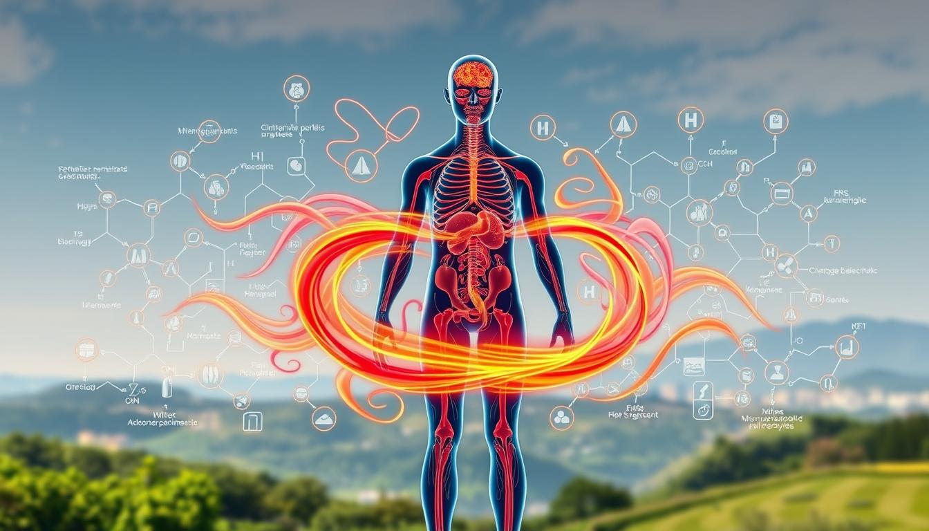 A detailed digital illustration showcasing strategies for metabolic flexibility. In the foreground, a dynamic central figure representing the human body, with various metabolic pathways depicted as vibrant, swirling colors of red, orange, and yellow, symbolizing the body's ability to efficiently utilize both carbohydrates and fats as fuel sources. The middle ground features a backdrop of interconnected networks and biochemical processes, conveying the complex interplay of hormones, enzymes, and cellular mechanisms that enable metabolic adaptability. In the background, a softly blurred landscape of natural elements, such as lush greenery and a gentle skyline, evoking a sense of balance and harmony within the body's metabolic systems.