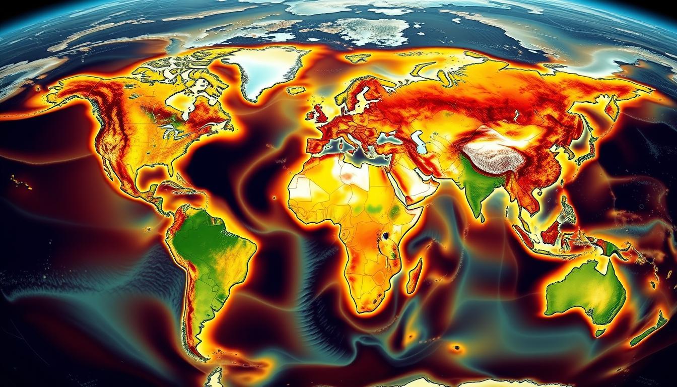 A detailed, high-resolution global water crisis map, bathed in a vibrant, saturated color palette. The foreground depicts major river systems, lakes, and water basins around the world, with regions of critical water scarcity highlighted in stark, contrasting hues. The middle ground showcases population density overlays, illustrating the human impact on water resources. In the background, a detailed topographical representation of the Earth's landmasses, with major cities and political borders clearly delineated. The overall composition conveys a sense of urgency and environmental distress, drawing the viewer's attention to the gravity of the global water crisis.