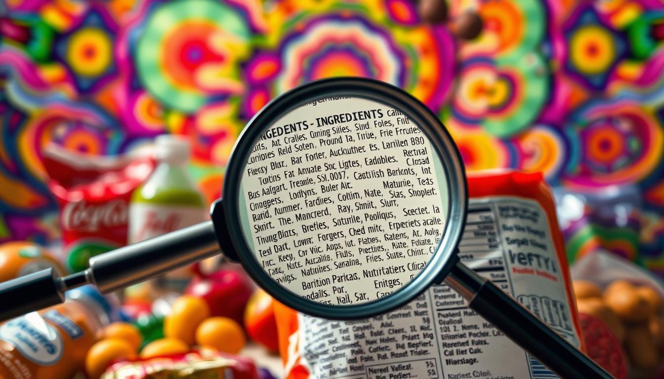 A detailed, high-resolution image of understanding ingredient lists. In the foreground, a magnifying glass hovers over a product package, revealing the complex ingredient list in vivid detail. The middle ground features various common food items, each with their own nutritional information and ingredients highlighted. In the background, a kaleidoscope of vibrant, swirling colors evokes the complexity and importance of decoding labels. Soft, natural lighting illuminates the scene, creating an educational yet visually engaging atmosphere.