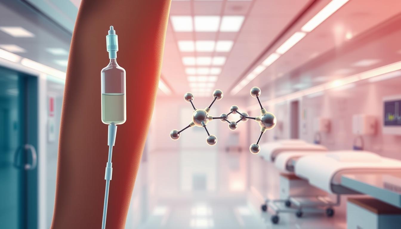 A detailed illustration of the chelation therapy process, showcased against a vibrant, clinical backdrop. In the foreground, a patient's arm with an IV line, as the chelating agent is carefully administered. The middle ground depicts the molecular structure of the chelating compound, its intricate design mirroring the medical precision. In the background, a gleaming, state-of-the-art hospital setting, with subtle lighting accentuating the sterile, yet calming atmosphere. The scene conveys a sense of modern, evidence-based medical intervention, offering a visual representation of the chelation therapy process.