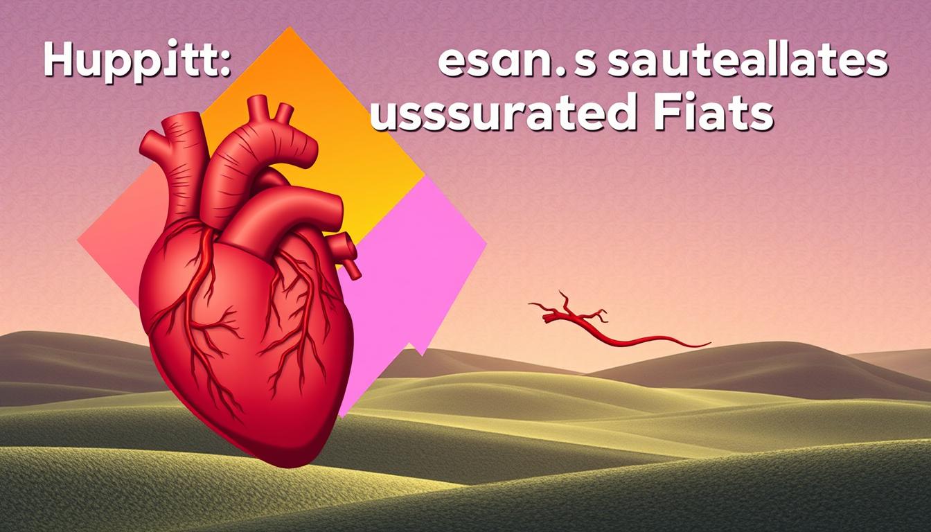 A detailed illustration of the impact of saturated and unsaturated fats on heart health. In the foreground, a stylized heart showcases the differences between the two fat types, with saturated fats depicted as thick, heavy arteries and unsaturated fats as sleek, vibrant vessels. The middle ground features a vibrant, colorful backdrop with geometric shapes and gradients, symbolizing the complex interplay of these nutrients. The background is a subtle, textured landscape, evoking a sense of depth and balance. The overall scene conveys a vivid, educational visualization of this important nutritional topic.