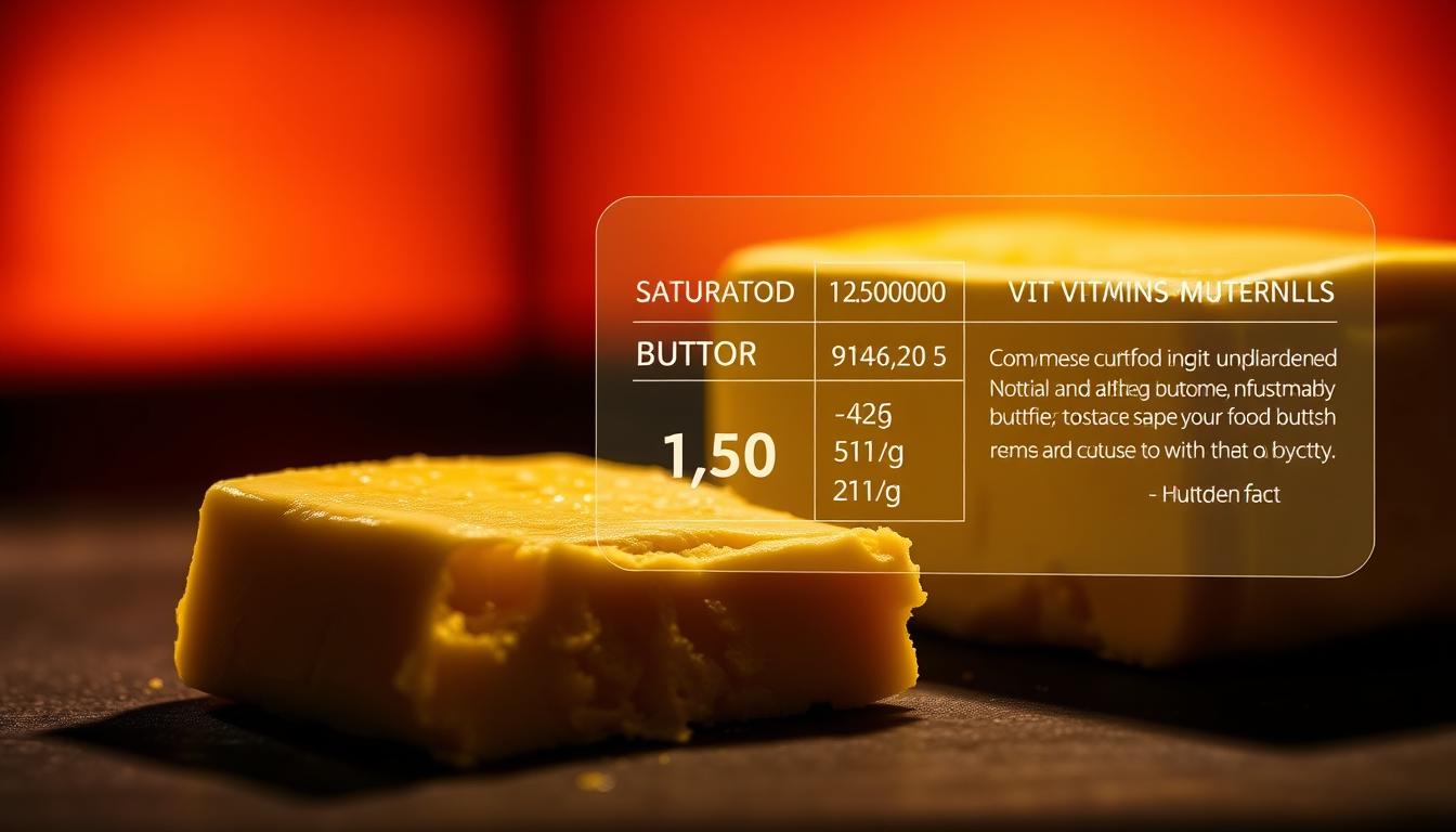 A detailed illustration of the nutrient density of butter, captured in a dramatic, high-contrast style. In the foreground, a close-up of a golden pat of butter, its surface glistening with highlights. In the middle ground, a transparent overlay displays nutrient information - saturated fats, vitamins, and minerals - presented in a clean, infographic-style layout. The background is a moody, vibrant gradient, casting a warm, dramatic glow over the scene, emphasizing the richness and complexity of this seemingly simple ingredient. Lit from the side to accentuate texture and form, the image conveys the idea that butter, while not perfect, is a nutrient-dense food worthy of a closer look.