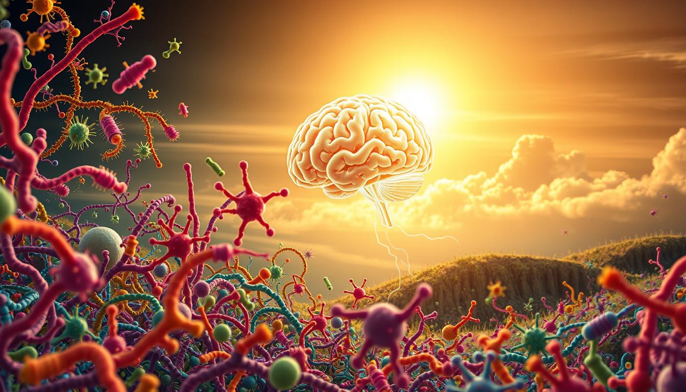 A detailed illustration showcasing the intricate connection between the gut microbiome and brain health. In the foreground, a colorful array of gut bacteria in vibrant hues dance across the frame, their intricate structures and varied shapes interwoven. In the middle ground, a stylized representation of the brain emerges, its neural pathways illuminated with a soft, glowing energy, suggesting the bidirectional communication between the gut and the mind. The background features a serene, dreamlike landscape, with wispy clouds and a warm, golden light casting a soothing, contemplative atmosphere, highlighting the harmony between physical and emotional well-being. Rendered in a detailed, realistic style with a focus on the vivid, vibrant colors and organic textures that capture the dynamic, ever-evolving nature of the gut-brain axis.