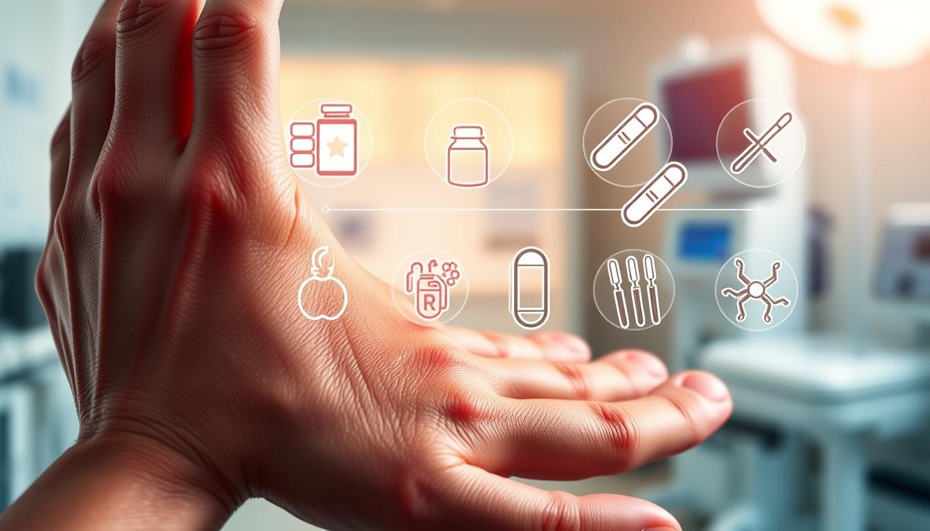 A detailed medical illustration showcasing various treatments for chronic inflammation. In the foreground, a close-up view of a human hand with prominent veins, highlighting the inflammatory response. In the middle ground, a series of medical icons and symbols representing different therapeutic approaches - anti-inflammatory medications, dietary supplements, cryotherapy devices, and acupuncture needles. The background features a blurred, clinical setting with medical equipment and a warm, vibrant color palette to convey a sense of vitality and healing. Captured with a shallow depth of field, crisp focus, and balanced lighting to emphasize the key elements.