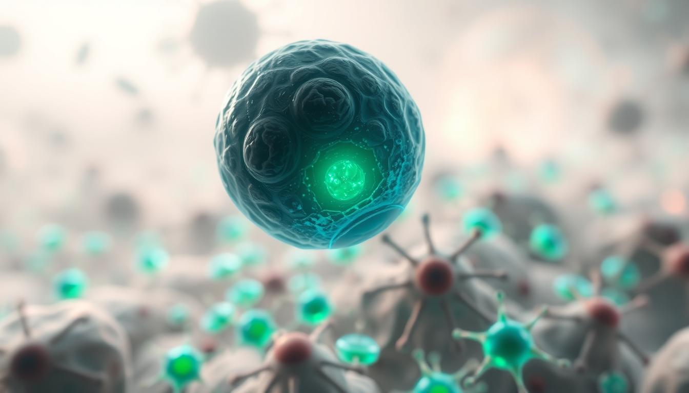 A detailed microscopic view of a human stem cell undergoing renewal and regeneration during prolonged fasting. The foreground depicts a single stem cell, its nucleus glowing with vibrant energy as it divides and replicates. The middle ground shows a network of stem cells, each pulsing with a vibrant blue-green aura, surrounded by a nutrient-rich matrix. The background is a hazy, out-of-focus landscape of other cellular structures, creating a sense of depth and scale. Soft, diffuse lighting illuminates the scene, giving it a serene, almost ethereal quality. The overall mood is one of scientific wonder and the transformative power of the body's natural healing processes.