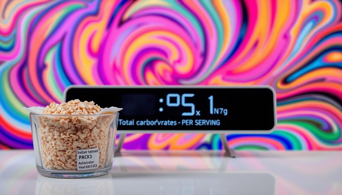 A detailed nutritional analysis of instant oatmeal packets, set against a vibrant swirling backdrop of vivid hues. In the foreground, a transparent glass container holds a selection of instant oatmeal servings, each neatly labeled with their carbohydrate content. The middle ground features a sleek digital display, showcasing the calculated total carbohydrates per serving in bold, contrasting typography. The background is a mesmerizing kaleidoscope of colors, blending and undulating to create a sense of energy and movement, mirroring the dynamism of the data being presented. Crisp lighting from multiple angles highlights the clarity and precision of the analysis, while a shallow depth of field emphasizes the focal point of the nutritional information.