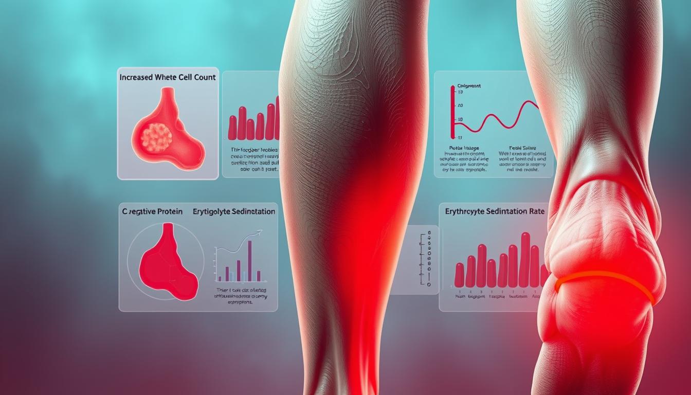A detailed, photorealistic illustration depicting the visible signs and symptoms of chronic inflammation. In the foreground, a close-up view of an irritated, swollen human joint with redness, warmth, and limited mobility. In the middle ground, a collection of common inflammatory markers such as increased white blood cell count, C-reactive protein, and erythrocyte sedimentation rate displayed through medical diagrams and infographics. In the background, a vibrant, muted color palette sets a subdued, clinical atmosphere, with subtle textures and lighting evoking a sense of unease and discomfort associated with chronic inflammation.
