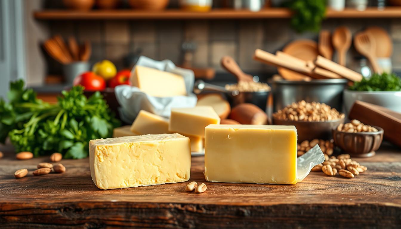 A detailed still life depicting the health benefits and risks of butter and margarine. In the foreground, a golden pat of creamy butter and a translucent block of margarine stand side by side on a rustic wooden table, their contrasting textures and hues vibrant under the soft, natural lighting. In the middle ground, various healthy ingredients surround them - fresh vegetables, nuts, and whole grains, hinting at the nutritional profiles of these two spreads. The background features a warm, inviting kitchen setting, with hints of cookware and culinary accents that evoke a sense of culinary exploration and balanced living. The overall scene conveys a thoughtful, informative comparison of these dietary staples.
