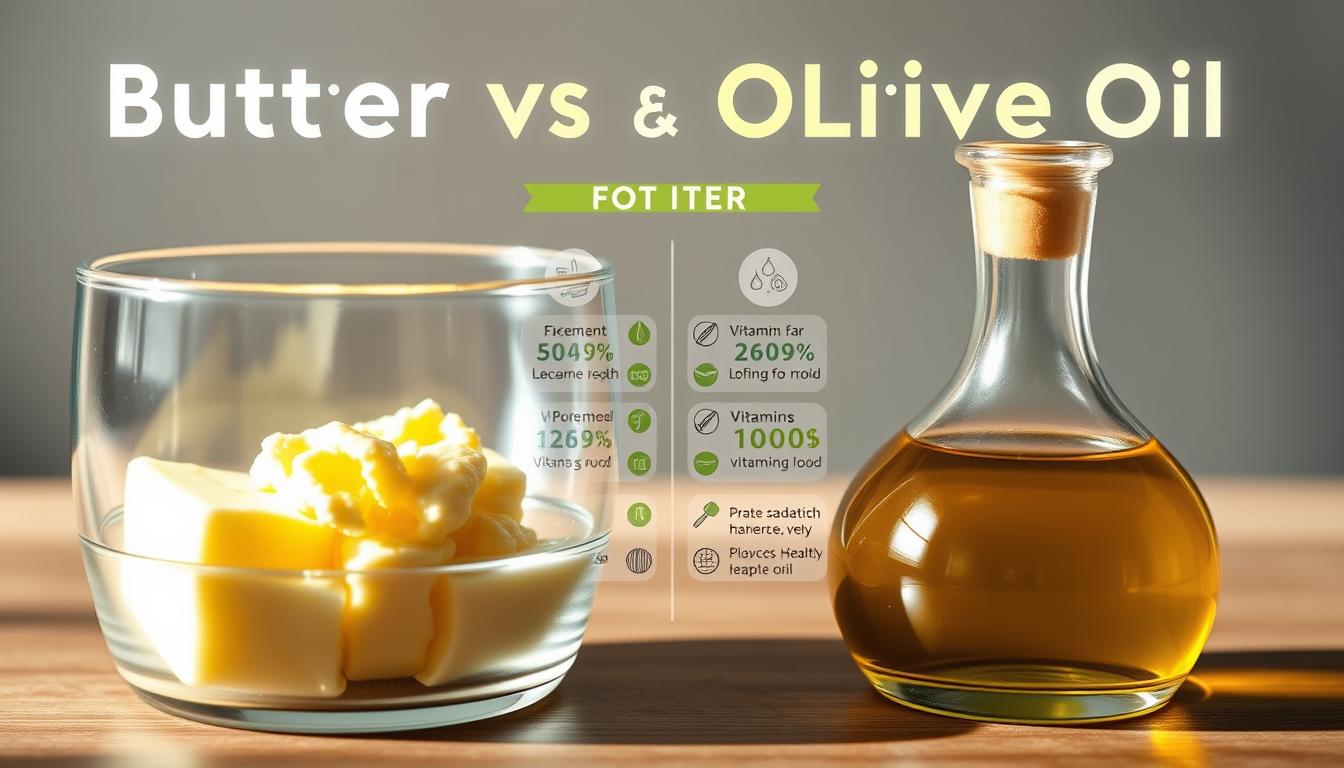 A detailed, vibrant infographic depicting a side-by-side comparison of butter and olive oil. In the foreground, two glass containers hold a dollop of each substance, illuminated by natural lighting. In the middle ground, scientific illustrations showcase the nutritional profiles, with icons and text detailing the key differences in fat content, vitamins, and health benefits. The background features a subtle gradient, complementing the clean, minimalist design. The overall mood is informative and visually striking, inviting the viewer to explore the nuances between these two culinary staples.