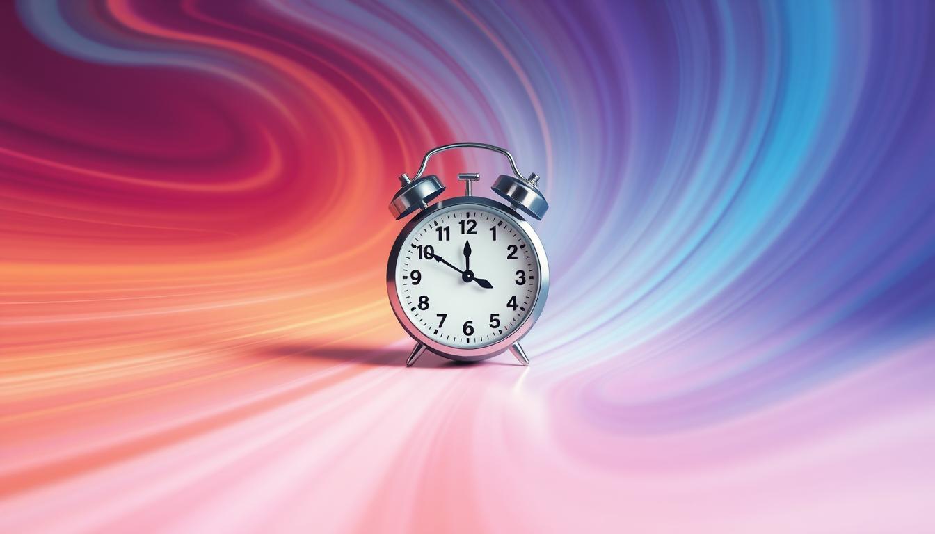 A digital illustration depicting a timer against a vibrant swirling background of warm and cool colors. The timer is the focal point, positioned in the center, with dynamic lines and shapes radiating outward from it. The overall composition conveys a sense of focus, energy, and the passage of time, evoking the idea of resisting cravings through a simple timer-based technique. The lighting is soft and diffused, creating a calming yet motivating atmosphere. The camera angle is slightly elevated, giving a sense of perspective and emphasizing the timer's prominence.