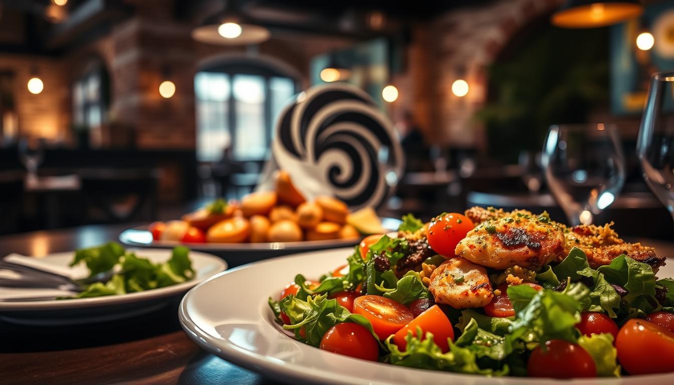 A dimly lit Italian restaurant interior, with a low-carb focused menu prominently displayed. In the foreground, a plate featuring a gourmet salad with a vibrant assortment of fresh greens, cherry tomatoes, and a tantalizing vinaigrette dressing. The middle ground showcases a sizzling plate of grilled seafood, accompanied by a colorful medley of roasted vegetables. In the background, soft lighting illuminates the rustic decor, including exposed brick walls and a cozy, inviting atmosphere. The overall scene radiates a sense of culinary indulgence and health-conscious satisfaction, capturing the essence of "Special Diet Synergy" in an Italian restaurant setting.
