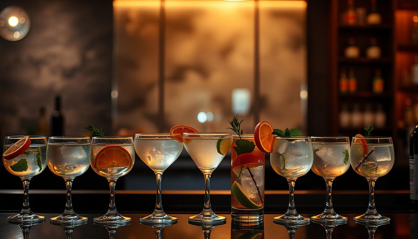 A dimly lit bar counter, with an array of low-carb cocktail options arranged in the foreground. Glasses of clear liquids, garnished with citrus slices and fresh herbs, cast a warm glow under soft, ambient lighting. In the middle ground, a mirrored back wall reflects the scene, adding depth and a sense of elegance. The background is hazy, with a subtle blur, creating a cozy, intimate atmosphere. The overall mood is sophisticated and inviting, highlighting the low-carb cocktail options for the health-conscious diner.