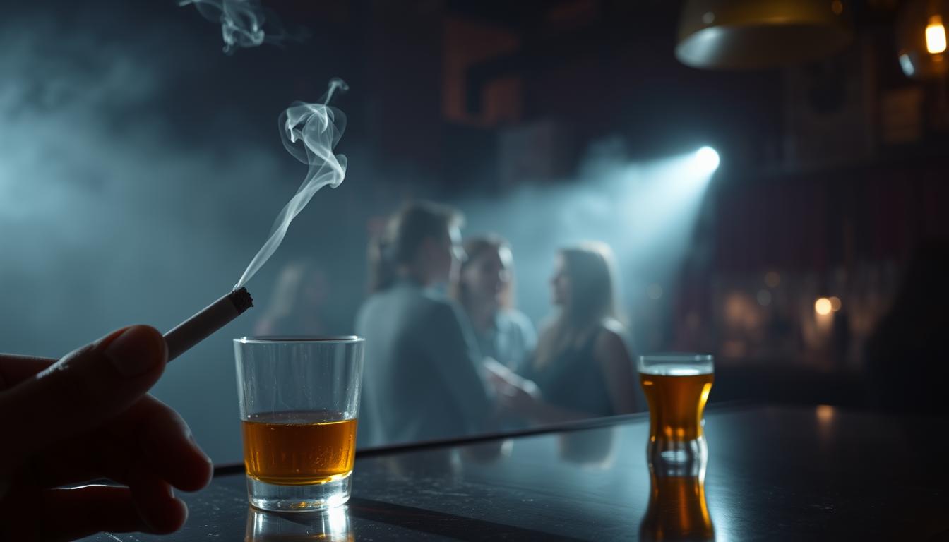 A dimly lit bar scene, with a hazy atmosphere and muted colors. In the foreground, a person's hand holds a lit cigarette, the smoke swirling lazily. Next to it, a half-empty glass of amber liquid casts a vibrant reflection on the bartop. In the middle ground, a group of people gather, their faces obscured by the dimness, suggesting a sense of indulgence and poor health choices. The background is blurred, conveying a sense of isolation and the consequences of these habits. The lighting is low and moody, casting dramatic shadows and highlighting the unhealthy atmosphere. The overall scene evokes a feeling of the detrimental effects of smoking and alcohol on the immune system.