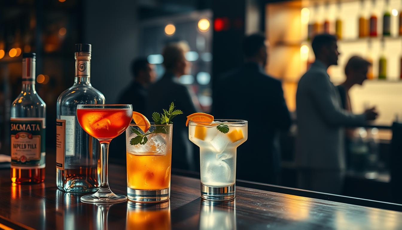 A dimly lit bar setting, with a variety of low-carb alcoholic drinks arranged on a sleek wooden counter. The drinks include clear spirits, low-carb mixers, and garnishes like citrus wedges and fresh herbs. Soft lighting casts a warm glow, complemented by the vibrant swirling colors of the drinks. Reflections on the polished counter create a sense of depth and sophistication. In the background, a subtle silhouette of people socializing, highlighting the social aspect of low-carb alcohol hacks. A dimly lit bar setting, with a variety of low-carb alcoholic drinks arranged on a sleek wooden counter. The drinks include clear spirits, low-carb mixers, and garnishes like citrus wedges and fresh herbs. Soft lighting casts a warm glow, complemented by the vibrant swirling colors of the drinks. Reflections on the polished counter create a sense of depth and sophistication. In the background, a subtle silhouette of people socializing, highlighting the social aspect of low-carb alcohol hacks.