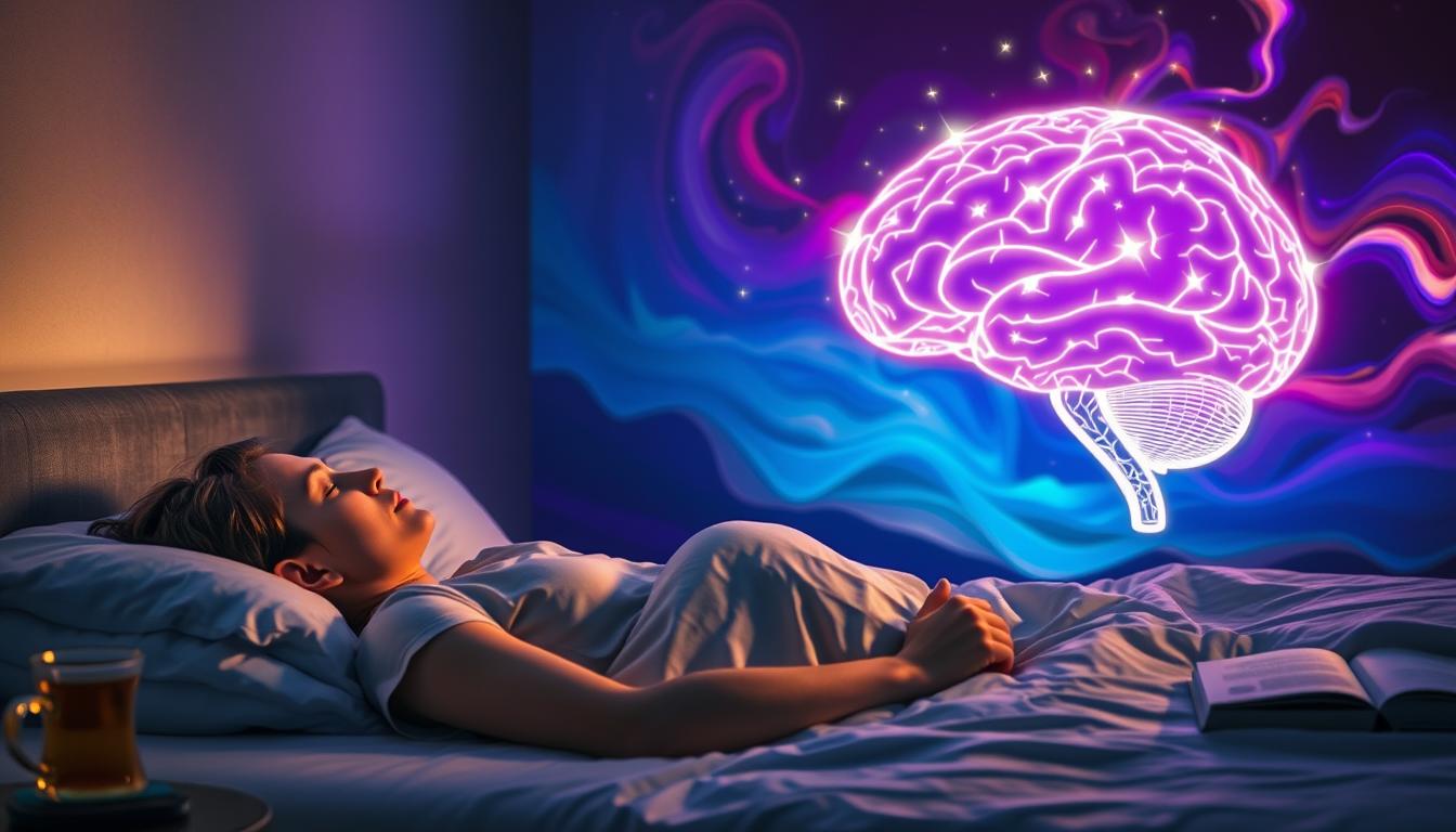 A dimly lit bedroom with soft, ambient lighting. In the foreground, a person lying on their side, eyes closed, appearing relaxed and peaceful. Beside them, a bedside table with a cup of herbal tea and a small book on sleep techniques. In the middle ground, a large, glowing brain diagram, its intricate connections and pathways illuminated, suggesting the complex workings of the mind. The background is a vibrant, dreamlike landscape, with swirling, fluid shapes and colors that evoke the subconscious. The overall scene conveys a sense of tranquility, mindfulness, and the power of the brain to influence sleep quality. A dimly lit bedroom with soft, ambient lighting. In the foreground, a person lying on their side, eyes closed, appearing relaxed and peaceful. Beside them, a bedside table with a cup of herbal tea and a small book on sleep techniques. In the middle ground, a large, glowing brain diagram, its intricate connections and pathways illuminated, suggesting the complex workings of the mind. The background is a vibrant, dreamlike landscape, with swirling, fluid shapes and colors that evoke the subconscious. The overall scene conveys a sense of tranquility, mindfulness, and the power of the brain to influence sleep quality.