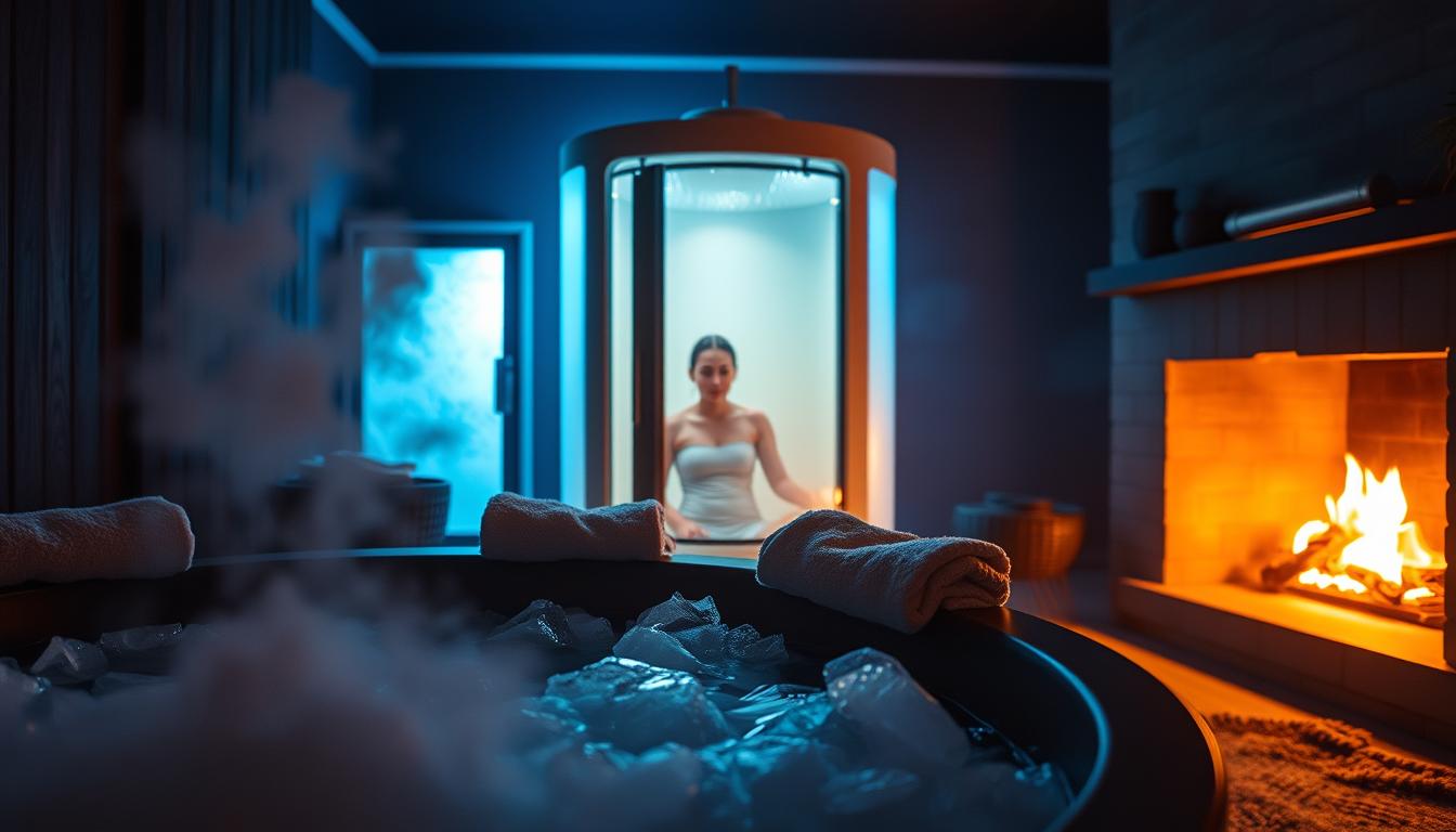 A dimly lit, cozy room with a series of cold therapy methods on display. In the foreground, an ice bath with steam rising, surrounded by plush towels. In the middle, a cryotherapy chamber with a person inside, their expression of calm focus visible through the frosted glass. In the background, a soothing fireplace casts a warm glow, complementing the vibrant, icy atmosphere. The lighting is soft and moody, accentuating the contrast between the hot and cold elements. The overall scene conveys a sense of rejuvenation and wellness.