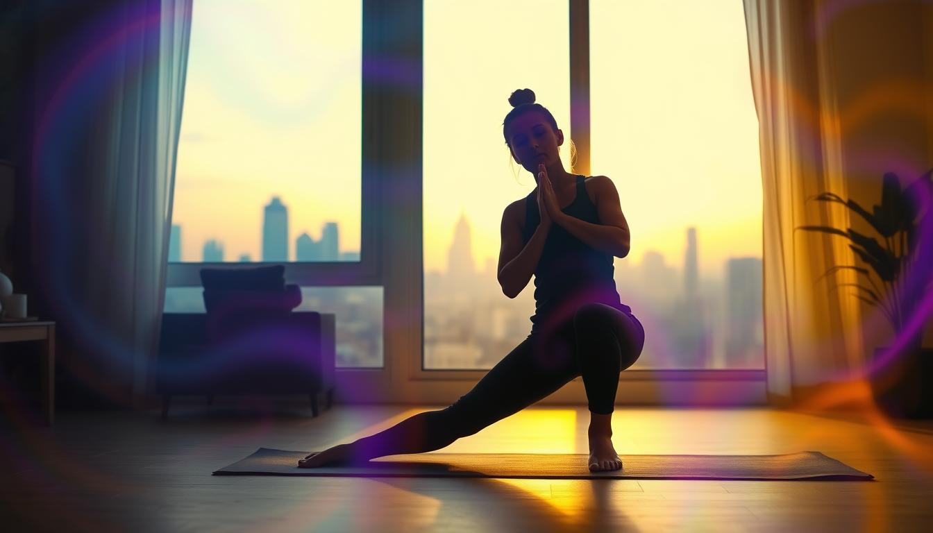 A dimly lit home gym at dusk, with a woman performing evening stretches and light exercises on a yoga mat. Soft yellow lighting illuminates the scene, casting gentle shadows. In the background, the silhouette of a city skyline is visible through a large window, hinting at the late hour. The woman's movements are graceful and focused, her expression serene as she winds down from her workout. The mood is calming and introspective, evoking a sense of mindfulness and self-care. The colors throughout the scene have a vibrant, swirling quality, with blues, purples, and oranges blending together in an almost abstract fashion.
