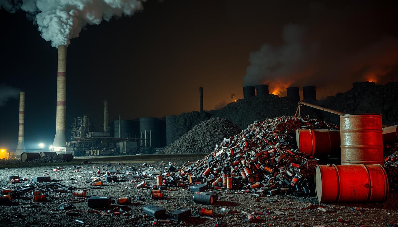 A dimly lit industrial scene depicts the sources of heavy metal exposure. In the foreground, a factory chimney billows toxic plumes, casting an ominous shadow. In the middle ground, discarded electronics and old batteries litter the ground, leaching harmful substances. In the background, a landfill looms, with rusting barrels and decaying materials emitting noxious fumes. The overall atmosphere is vibrant yet unsettling, highlighting the pervasive nature of heavy metal contamination in our environment.