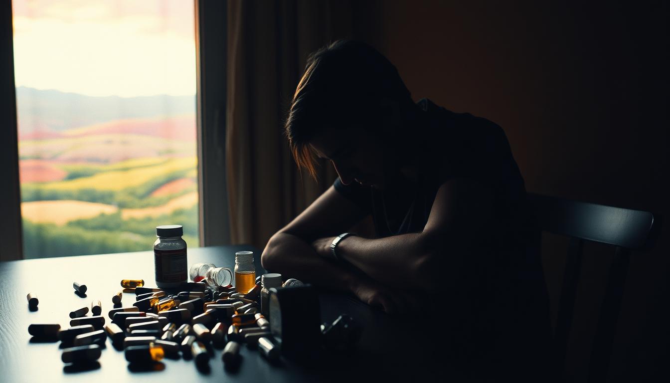 A dimly lit interior, with a shadowy figure seated at a table, their face obscured. Scattered on the table are various nutritional supplements, vitamins, and mineral capsules, representing the hidden deficiencies that may be driving their cravings. The background is a vibrant, abstract landscape, hinting at the complex interplay between physical and psychological factors behind the character's struggle. Dramatic lighting casts dramatic shadows, creating a sense of introspection and unease. A 35mm lens captures the scene, giving it a cinematic, documentary-style feel. A dimly lit interior, with a shadowy figure seated at a table, their face obscured. Scattered on the table are various nutritional supplements, vitamins, and mineral capsules, representing the hidden deficiencies that may be driving their cravings. The background is a vibrant, abstract landscape, hinting at the complex interplay between physical and psychological factors behind the character's struggle. Dramatic lighting casts dramatic shadows, creating a sense of introspection and unease. A 35mm lens captures the scene, giving it a cinematic, documentary-style feel.