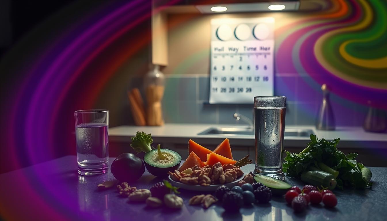 A dimly lit kitchen counter at night, illuminated by a warm glow. On the surface, a variety of healthy nighttime snack options are arranged artfully - sliced vegetables, nuts, berries, and a glass of water. In the background, a wall calendar displays the phases of the moon, hinting at the importance of strategic meal timing. The scene conveys a sense of calm and mindfulness, suggesting ways to curb late-night cravings through intentional snacking and circadian-aligned eating patterns. Vibrant swirling colors provide an atmospheric backdrop, adding depth and visual interest to the composition.