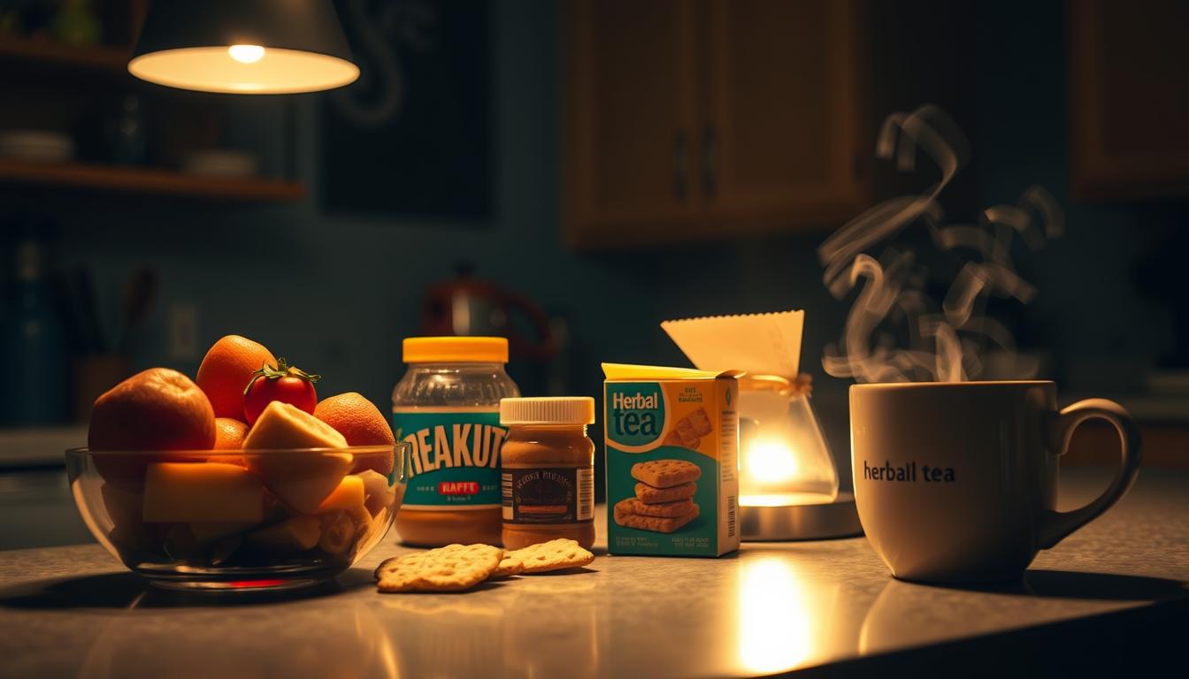 A dimly lit kitchen countertop at night, illuminated by the warm glow of a single lamp. On the counter, an array of tempting late-night snack options: a bowl of fresh fruit, a jar of peanut butter, a box of crackers, and a steaming mug of herbal tea. The scene is bathed in a vibrant, cozy atmosphere, inviting the viewer to indulge in a healthy, satisfying treat that will curb their cravings without sacrificing flavor or nutrition.